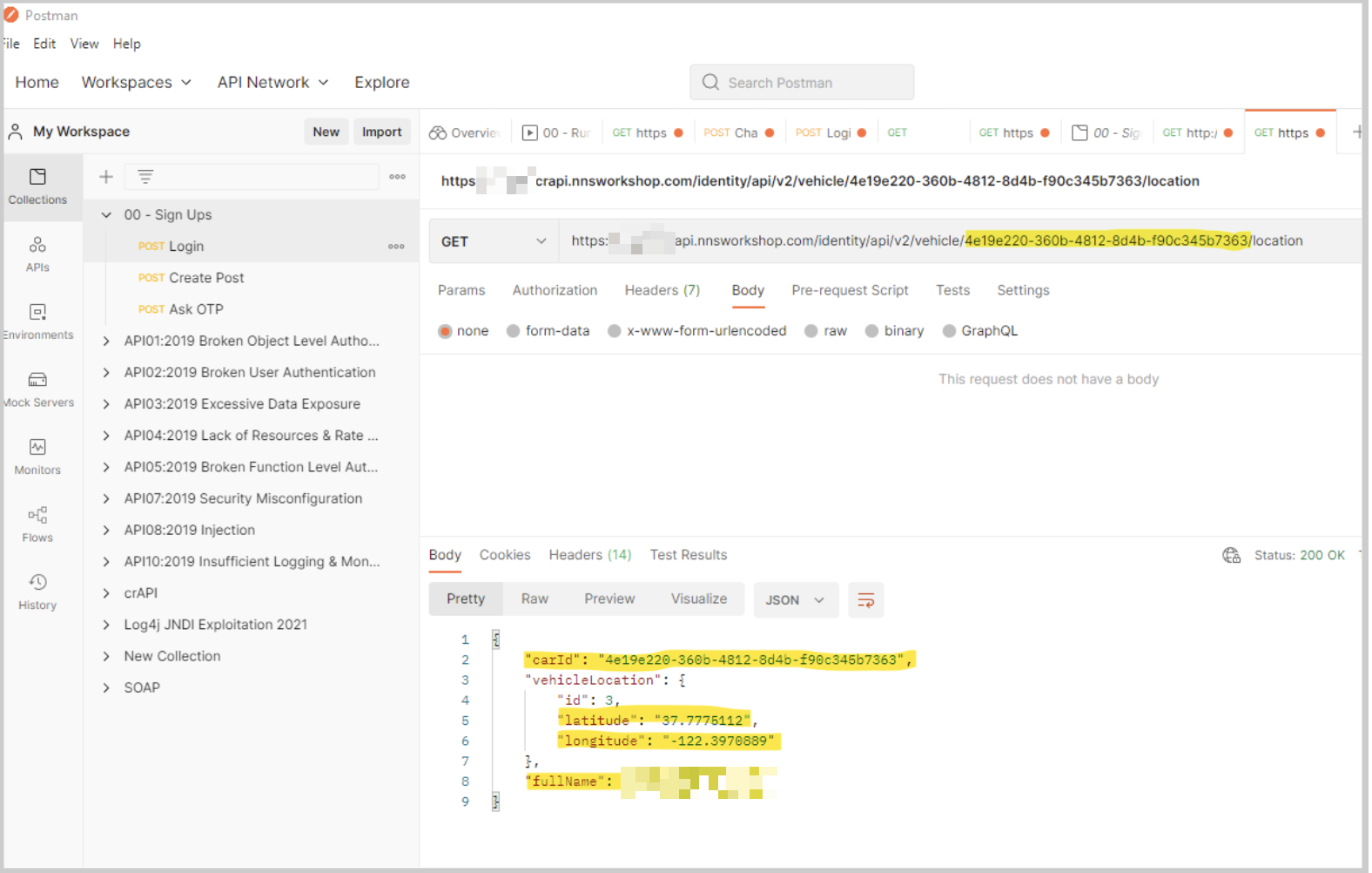Screenshot of postman doing a GET on your vehcile location
